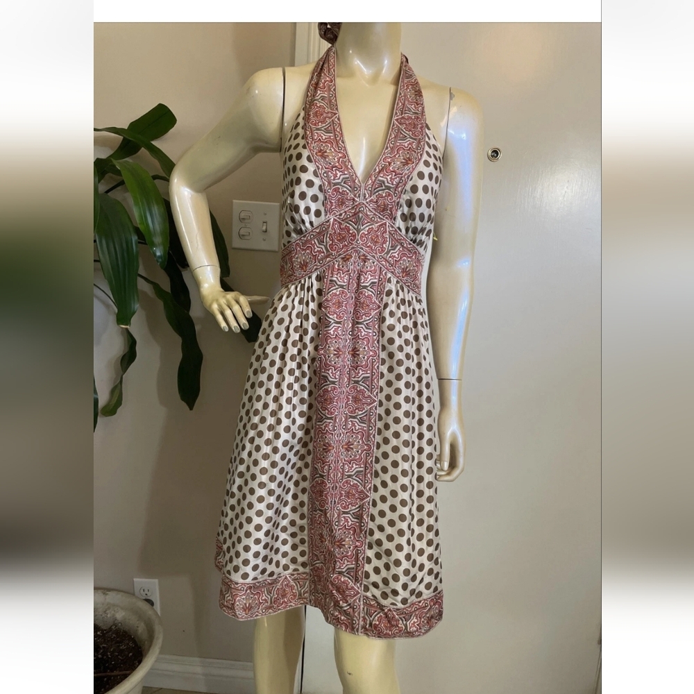 BCBGMaxAzria Halter Dress in Brown and Pink, 100% Silk